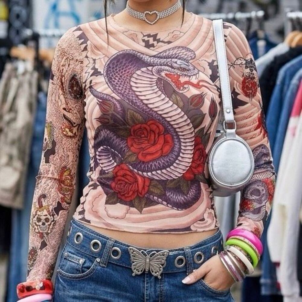 Vintage Y2K Miami Ink Skull Snake Tattoo Sheer Mesh Long Sleeve Top Size S/M